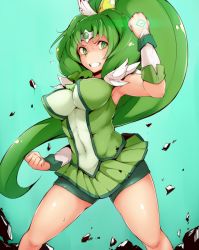 Rule 34 | 10s, 1girl, aqua background, bad id, bad pixiv id, breasts, circlet, covered erect nipples, cure march, fighting stance, green eyes, green hair, green shorts, green skirt, green theme, impossible clothes, large breasts, long hair, matching hair/eyes, midorikawa nao, ponytail, precure, serious, shorts, shorts under skirt, skirt, smile precure!, solo, sweat, thighs, very long hair, zako (arvinry)