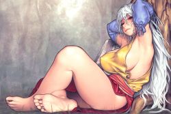 Rule 34 | 1girl, armpits, arms up, bare legs, bare shoulders, barefoot, breasts, commentary request, covered erect nipples, detached sleeves, dress, envenomist (gengoroumaru), feet, full body, hair between eyes, knee up, large breasts, lips, long hair, looking at viewer, multicolored clothes, multicolored dress, no bra, no panties, red dress, red eyes, sakata nemuno, sideboob, silver hair, single strap, sitting, solo, thighs, touhou, very long hair, yellow dress