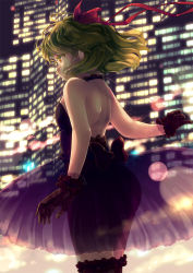 Rule 34 | 1girl, alternate costume, ass, back, bare arms, bare shoulders, black dress, black gloves, black thighhighs, blonde hair, bow, breasts, choker, city lights, dress, gloves, hair ribbon, iris anemone, night, ribbon, ribbon choker, rumia, see-through, see-through silhouette, small breasts, solo, strapless, strapless dress, thighhighs, touhou, wind, yellow eyes