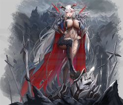 Rule 34 | 1girl, absurdly long hair, aegir (azur lane), areola slip, azur lane, black cape, bodystocking, bodysuit, breast curtains, breasts, broken, broken chain, cape, chain, covered erect nipples, cross, cross-laced clothes, cross earrings, demon girl, demon horns, earrings, from below, full body, high heels, horns, huge breasts, jewelry, lipstick, long hair, looking at viewer, makeup, multicolored hair, nail polish, open mouth, planted, planted sword, planted weapon, red cape, red hair, red nails, see-through, solo, streaked hair, sword, tsuki no i-min, very long hair, weapon, white hair, yellow eyes