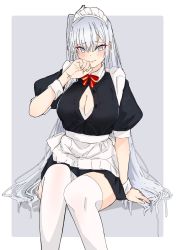 Rule 34 | 1girl, alternate costume, apron, black dress, breasts, cleavage, cleavage cutout, clothing cutout, dress, enmaided, fuyutsuki (kancolle), grey eyes, highres, kantai collection, long hair, looking at viewer, maid, maid headdress, mochizou, one side up, solo, thighhighs, white apron, white hair, white thighhighs, wrist cuffs