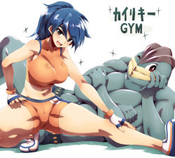 Rule 34 | 1girl, bare shoulders, battle girl (pokemon), bike shorts, blue hair, breasts, brown eyes, creatures (company), extra arms, eyebrows, fingerless gloves, game freak, gen 1 pokemon, gloves, large breasts, long hair, looking at viewer, machamp, midriff, navel, nintendo, npc trainer, pokemon, pokemon (creature), ponytail, shoes, short shorts, shorts, simple background, sneakers, sweat, thighs, tokyo (great akuta)