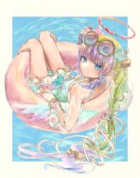 1girl ameth_(princess_connect!) ameth_(summer)_(princess_connect!) aqua_one-piece_swimsuit blue-tinted_eyewear blunt_bangs braid breasts casual_one-piece_swimsuit drill_hair drill_sidelocks eyewear_on_head floating_rock flower gradient_hair green_hair hair_flower hair_ornament halo highres innertube long_hair looking_at_viewer low_twin_braids multicolored_hair nonano73 official_alternate_costume one-piece_swimsuit pink_flower pointy_ears princess_connect! purple_hair red_halo sidelocks small_breasts solo swim_ring swimsuit swimsuit_skirt tinted_eyewear twin_braids two-tone_hair very_long_hair