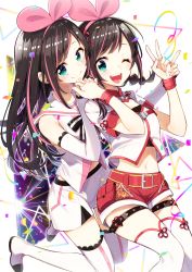 Rule 34 | 2girls, ;d, bare shoulders, belt, belt buckle, black bow, boots, bow, brown hair, buckle, closed mouth, commentary request, confetti, detached sleeves, dual persona, fingernails, green eyes, hair ribbon, hairband, highres, holding hands, kizuna ai, kizuna ai (chinese), kizuna ai inc., lace, lace-trimmed legwear, lace-trimmed sleeves, lace trim, long hair, long sleeves, multicolored hair, multiple girls, one eye closed, open mouth, pink hair, pink hairband, pink ribbon, red belt, red shorts, ribbon, round teeth, sailor collar, sakuragi ren, shirt, short shorts, short sleeves, shorts, sleeveless, sleeveless shirt, sleeves past wrists, smile, streaked hair, striped, striped bow, teeth, thigh boots, thighhighs, upper teeth only, v, very long hair, virtual youtuber, white background, white footwear, white legwear, white sailor collar, white shirt, white shorts, white sleeves