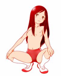 Rule 34 | 1girl, breasts, buruma, character request, copyright request, female focus, full body, highres, jpeg artifacts, long hair, looking at viewer, medium breasts, navel, nipples, riarutoruchokku, shoes, simple background, small breasts, socks, solo, squatting, topless, white background, world masterpiece theater