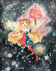 Rule 34 | 1girl, american flag legwear, bad id, bad pixiv id, blonde hair, blush, clownpiece, fairy wings, fang, gradient background, hand up, hat, highres, jester cap, long hair, open mouth, painting (medium), pantyhose, red eyes, shinsaku, smile, solo, space, star (symbol), striped clothes, striped pantyhose, touhou, traditional media, very long hair, watercolor (medium), wings