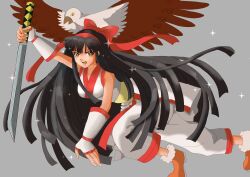 Rule 34 | 1girl, ainu clothes, arm support, black hair, breasts, fingerless gloves, gloves, hair ribbon, highres, kneeling, large breasts, legs, long hair, looking at viewer, mamahaha, nakoruru, open mouth, pants, ribbon, samurai spirits, snk, sword, the king of fighters, thighs, very long hair, weapon, wings, yellow eyes