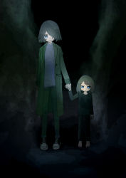Rule 34 | 2girls, aged up, barefoot, black hair, blue eyes, buttons, casual, child, closed mouth, coat, dark background, ddolbang, expressionless, full body, green jacket, hair over one eye, highres, holding hands, jacket, long sleeves, multiple girls, original, sad, shoes, sneakers, swept bangs, trench coat, turtleneck