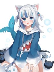 Rule 34 | 1girl, absurdres, animal costume, animal ear fluff, animal ears, blue eyes, blue hair, blue nails, blush, bubble, cat ears, fins, fish tail, gawr gura, gawr gura (1st costume), grey hair, hair ornament, highres, hololive, hololive english, looking at viewer, multicolored hair, nail polish, nekopurin (nyanko prin), open mouth, shark costume, shark girl, shark hair ornament, shark tail, sharp teeth, shoes, smile, sneakers, solo, streaked hair, tail, teeth, transparent background, two side up, upper teeth only, virtual youtuber, white footwear