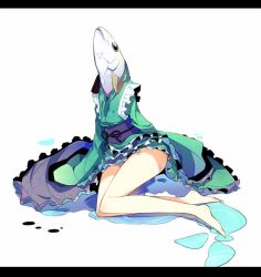 Rule 34 | 1girl, alternate species, barefoot, fins, fish, fish girl, fish head, head fins, ichiyan, japanese clothes, kimono, legs, letterboxed, monster, monster girl, obi, reverse mermaid, sash, sitting, solo, thighs, touhou, wakasagihime, wakasagihime (fish), water, what, white background