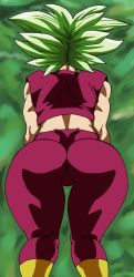 Rule 34 | 1girl, absurdres, ass, big hair, charge sol, dragon ball, dragon ball super, from behind, fusion, green hair, highres, huge ass, kefla (dragon ball), muscular, muscular female, simple background, solo, thick thighs, thighs