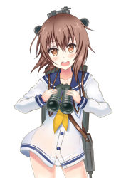 Rule 34 | 10s, 1girl, :d, bad id, bad pixiv id, binoculars, blush, brown eyes, brown hair, cowboy shot, dress, headgear, kantai collection, looking at viewer, machinery, neckerchief, open mouth, panties, revision, sailor collar, sailor dress, see-through, short hair, simple background, smile, solo, terakoya, underwear, white background, white panties, yellow neckerchief, yukikaze (kancolle)