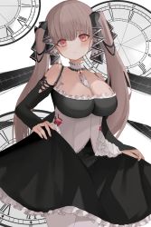 Rule 34 | 1girl, absurdres, azur lane, bare shoulders, between breasts, black dress, black ribbon, breasts, cleavage, clock, clothing cutout, detached collar, dress, flight deck, formidable (azur lane), frilled dress, frills, grey hair, hair ribbon, highres, large breasts, long hair, looking at viewer, necktie, necktie between breasts, pantyhose, red eyes, ribbon, roman numeral, ruriyuri, shoulder cutout, simple background, solo, twintails, two-tone dress, two-tone ribbon, very long hair, white background, white dress, white pantyhose, white ribbon