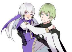 1boy, 1girl, armor, black gloves, blush, byleth (fire emblem), byleth (fire emblem) (male), carrying, dress, fire emblem, fire emblem: three houses, gloves, green eyes, green hair, hand on another&#039;s shoulder, highres, long hair, looking at viewer, lysithea von ordelia, nintendo, open mouth, pantyhose, pppepetps, princess carry, purple dress, shawl, short hair, simple background, white background, white hair, white legwear