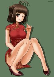 Rule 34 | 1girl, alternate breast size, antenna hair, artist name, breasts, brown eyes, brown hair, china dress, chinese clothes, commentary request, double bun, dress, folding fan, full body, green background, grin, hair bun, hand fan, high heels, highres, kantai collection, kinnan, large breasts, naka (kancolle), one eye closed, revision, shiny skin, simple background, sitting, smile, solo