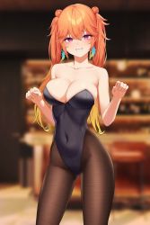 Rule 34 | 1girl, absurdres, alternate hairstyle, bare shoulders, black leotard, black pantyhose, breasts, cleavage, clenched hands, collarbone, covered navel, damcheong, hair between eyes, highres, hololive, hololive english, large breasts, leotard, looking at viewer, orange hair, pantyhose, playboy bunny, purple eyes, skin tight, solo, strapless, strapless leotard, takanashi kiara, virtual youtuber