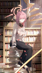 Rule 34 | 1girl, absurdres, argyle, argyle clothes, argyle sweater, aru (blue archive), black skirt, blue archive, blush, book, bookshelf, demon horns, glasses, halo, highres, horns, indoors, library, long skirt, looking at viewer, pink hair, ryeon (bluetom1), sitting, skirt, smile, solo, sweater