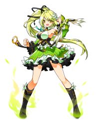 Rule 34 | 1girl, :d, armpits, black footwear, black ribbon, boots, buckle, clenched hand, detached sleeves, elsword, full body, green eyes, green hair, green skirt, hair ribbon, highres, knee boots, long hair, looking at viewer, official art, open mouth, pointy ears, ponytail, rena erindel, ress, ribbon, skirt, smile, solo, standing, transparent background, wind sneaker (elsword)