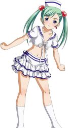 Rule 34 | 00s, 1girl, aqua hair, blue eyes, breasts, child, earrings, flat chest, green hair, hair ornament, hat, ikkitousen, jewelry, long hair, looking at viewer, navel, official art, shokatsuryou koumei, simple background, skirt, small breasts, smile, socks, solo, standing, twintails, white background, white skirt, white socks