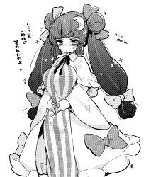 Rule 34 | 1girl, alternate hairstyle, blush, bow, breasts, commentary request, cowboy shot, crescent, crescent hair ornament, dress, dress bow, greyscale, hair bow, hair ornament, hair ribbon, large breasts, long hair, long sleeves, looking at viewer, monochrome, neck ribbon, no headwear, patchouli knowledge, ribbon, simple background, solo, sparkle, striped clothes, striped dress, tanasuke, touhou, translation request, twintails, twintails day, white background, wide sleeves