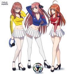Rule 34 | 3girls, ahoge, alternate costume, arm under breasts, arm up, artist name, ball, bare legs, black choker, blue eyes, breasts, brown hair, carlo montie, choker, cleavage, closed mouth, commentary, commission, crop top, english commentary, full body, go-toubun no hanayome, grin, hair ornament, hand on own hip, hand up, headphones, high heels, holding, holding headphones, holding own arm, large breasts, long hair, long sleeves, midriff, miniskirt, multiple girls, nakano itsuki, nakano miku, nakano nino, navel, pantyhose, parted lips, pleated skirt, red choker, siblings, simple background, sisters, skirt, smile, soccer ball, soccer uniform, sportswear, standing, star (symbol), star hair ornament, stomach, thighhighs, thighs, two side up, v-shaped eyebrows, very long hair, white background, white pantyhose, white skirt, white thighhighs, zettai ryouiki