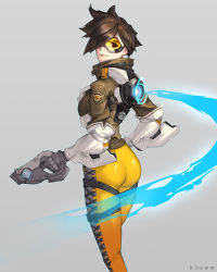 Rule 34 | 1girl, artist name, ass, bodysuit, brown eyes, brown hair, dual wielding, energy, goggles, hair over one eye, highres, hinew kim, holding, jacket, light smile, looking at viewer, looking back, overwatch, overwatch 1, pants, short hair, solo, spiked hair, tracer (overwatch), yellow pants