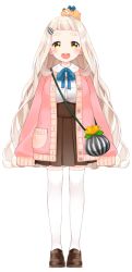 Rule 34 | 1girl, :d, bag, blue neckwear, blue ribbon, blunt bangs, blush, breasts, brown footwear, brown skirt, buttons, cardigan, full body, gonzalez (machita chima), hair ornament, hairclip, hamster, kurihara sakura, large breasts, loafers, long hair, long sleeves, looking at viewer, machita chima, nijisanji, official art, open cardigan, open clothes, open mouth, pink cardigan, pleated skirt, pocket, ribbon, round teeth, seed, shoes, skirt, sleeves past fingers, sleeves past wrists, smile, solo, standing, straight-on, sunflower seed, tachi-e, teeth, thick eyebrows, thighhighs, thighs, transparent background, very long hair, virtual youtuber, white thighhighs, yellow eyes, zettai ryouiki