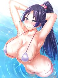 Rule 34 | 1girl, arima kouichi, armpits, arms behind head, arms up, bare arms, bare shoulders, bikini, blush, breasts, closed mouth, collarbone, fate/grand order, fate (series), from above, highres, huge breasts, long hair, looking at viewer, looking up, micro bikini, minamoto no raikou (fate), navel, partially translated, pink ribbon, ponytail, purple eyes, purple hair, ribbon, ripples, side-tie bikini bottom, signature, smile, solo, standing, stomach, straight hair, strap gap, swimsuit, translation request, very long hair, wading, water, water drop, wet, white bikini
