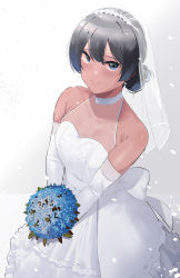 Rule 34 | 1girl, bare shoulders, black hair, blue eyes, blush, bouquet, breasts, closed mouth, collarbone, commentary, dark-skinned female, dark skin, dress, elbow gloves, english commentary, flower, gloves, gradient background, hair between eyes, highres, holding, holding bouquet, looking at viewer, medium hair, okpriko, original, see-through, simple background, small breasts, smile, solo, veil, wedding dress, white dress, white gloves