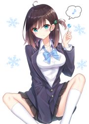 Rule 34 | 1girl, ahoge, aqua eyes, black skirt, blazer, blue bow, blue jacket, blush, bow, breasts, brown hair, candy, closed mouth, collarbone, commentary request, dress shirt, eighth note, food, hair between eyes, hair ornament, hand up, head tilt, highres, holding, holding candy, holding food, holding lollipop, jacket, kneehighs, lollipop, medium breasts, musical note, one side up, original, pleated skirt, school uniform, shirt, simple background, skirt, smile, snowflake background, snowflakes, socks, solo, spoken musical note, spread legs, t@ke-g, white background, white shirt, white socks