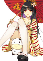 Rule 34 | 1girl, 2021, :d, black hair, chinese zodiac, collarbone, colored inner hair, commentary, flan (seeyouflan), flower, hair flower, hair ornament, highres, japanese clothes, long hair, long sleeves, looking at viewer, multicolored hair, obi, oil-paper umbrella, open mouth, original, purple hair, red eyes, sash, simple background, sitting, smile, solo, stuffed cow, thighhighs, toes, two-tone hair, umbrella, white background, white thighhighs, year of the ox