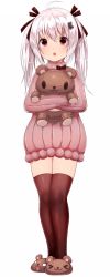 Rule 34 | 1girl, :3, :o, absurdres, ahoge, animal slippers, bad id, bad pixiv id, bear hair ornament, brown ribbon, closed mouth, full body, hair between eyes, hair ornament, hair ribbon, highres, long hair, looking at viewer, hugging object, open mouth, original, over-kneehighs, red eyes, ribbed sweater, ribbon, silver hair, simple background, slippers, solo, stuffed animal, stuffed toy, sukemyon, sweater, teddy bear, thighhighs, turtleneck, turtleneck sweater, twintails, white background