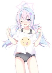 Rule 34 | 1girl, ahoge, blue archive, blue hair, blush, bra, can, collarbone, commentary request, cup, drunk, grey bra, grey panties, hair ornament, halo, highres, holding, holding can, holding cup, long hair, looking at viewer, low twintails, mug, multicolored hair, no pants, nose blush, off shoulder, one eye closed, open mouth, panties, pink hair, print shirt, purple eyes, reisa (blue archive), sakuraba hikaru (loveindog), shirt, short sleeves, simple background, smiley face, solo, standing, star (symbol), star hair ornament, twintails, two-tone hair, underwear, very long hair, white background, white shirt
