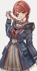 Rule 34 | 1girl, blue coat, blush, braid, coat, dress, gloves, grey background, highres, holding, holding hair, kantai collection, long hair, long sleeves, looking at viewer, nataro 1116, neckerchief, nevada (kancolle), open mouth, red eyes, red hair, red neckerchief, simple background, single braid, solo, white gloves