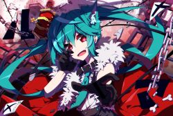 Rule 34 | 1girl, animal ears, aosaki yato, aqua hair, belt collar, black gloves, bone, broken bone, cat ears, chain, collar, commentary, crown, debris, fur-trimmed jacket, fur trim, gloves, hatsune miku, highres, jacket, long hair, looking at viewer, necktie, outstretched arm, paper, reaching, reaching towards viewer, red background, red eyes, sleeveless, sleeveless jacket, solo, song name, twintails, very long hair, vocaloid, x
