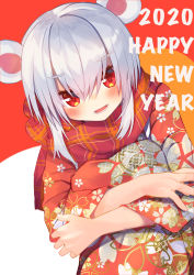 Rule 34 | 1girl, :d, absurdres, animal ears, cherry blossom print, chinese zodiac, commentary request, floral print, fringe trim, hair between eyes, happy new year, highres, hugging own legs, japanese clothes, kimono, knees up, long sleeves, looking at viewer, lower teeth only, moti yousei, mouse ears, new year, open mouth, original, plaid, plaid scarf, print kimono, red eyes, red kimono, red scarf, scarf, silver hair, sitting, smile, solo, teeth, wide sleeves, year of the rat