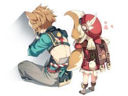 Rule 34 | 1boy, 1girl, animal ear fluff, animal ears, armor, back, backpack, bag, bag charm, bob (bab67ii), boots, brown bag, brown footwear, brown gloves, brown hair, cabbie hat, charm (object), clover print, coat, covering face, crop top, dog boy, dog ears, dog tail, dress, from behind, genshin impact, gloves, gorou (genshin impact), hat, hat feather, heart, hugging another&#039;s tail, hugging tail, japanese armor, klee (genshin impact), light brown hair, low twintails, medium hair, multicolored hair, pointy ears, randoseru, red coat, red dress, red headwear, simple background, streaked hair, tail, twintails, vision (genshin impact), white background, white hair
