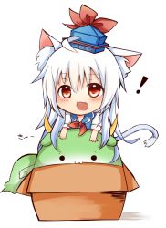 Rule 34 | !, 1girl, :3, animal ears, blue dress, blush, box, cardboard box, cat ears, cat girl, dress, fang, female focus, hat, highres, horns, in box, in container, kamishirasawa keine, kemonomimi mode, looking at viewer, neckerchief, open mouth, puffy sleeves, red eyes, shirt, short sleeves, silver hair, simple background, solid circle eyes, sukusuku hakutaku, tosura-ayato, touhou, white background
