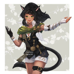Rule 34 | 1girl, animal ears, asymmetrical gloves, warrior of light (ff14), black gloves, black hair, braid, cat ears, cat tail, choker, commission, dark-skinned female, dark skin, elbow gloves, facial mark, fangs, final fantasy, final fantasy xiv, fingerless gloves, floral background, floral print, gloves, highres, long hair, looking at viewer, lyra-kotto, miqo&#039;te, mismatched gloves, open mouth, ponytail, shorts, single elbow glove, single fingerless glove, solo, tail, thigh strap, whisker markings, yellow eyes