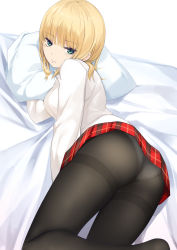 Rule 34 | 1girl, ass, bed, bed sheet, black pantyhose, blonde hair, breasts, coffee-kizoku, green eyes, highres, long sleeves, looking at viewer, looking back, lying, medium breasts, on bed, on side, original, panties, panties under pantyhose, pantyhose, pantyshot, pillow, plaid, plaid skirt, pleated skirt, red skirt, shirt, short hair, simple background, skirt, solo, underwear, upskirt, white background, white shirt
