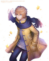 Rule 34 | 1boy, blonde hair, coat, denim, green eyes, jacket, jeans, looking at viewer, male focus, pants, scarf, short hair, signature, slapmyface, solo, star (symbol), sweater, watermark, web address, white background