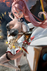 Rule 34 | 1girl, 2021, alternate breast size, banned artist, blue eyes, blurry, blurry foreground, breasts, cleavage, dress, floating hair, hair between eyes, high heels, large breasts, long hair, looking at viewer, namco, outdoors, pink hair, ponytail, shionne (tales), short dress, signature, sleeveless, sleeveless dress, solo, standing, standing on one leg, tales of (series), tales of arise, thighhighs, very long hair, white dress, white thighhighs, zumi (zumidraws)
