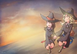 Rule 34 | 2girls, blonde hair, broom, broom riding, brown hair, couple, diana cavendish, holding hands, happy, kagari atsuko, little witch academia, long hair, looking at another, luna nova school uniform, multicolored hair, multiple girls, ocean, riding, school uniform, sky, smile, sunset, usbfan, water