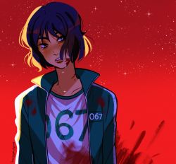 Rule 34 | 1girl, artist name, black eyes, black hair, blood, blood on clothes, blood on face, blood splatter, collarbone, female focus, freckles, highres, huyandere, kang sae-byeok, looking at viewer, medium hair, parted lips, red background, sad, solo, sparkle, sparkle background, spoilers, squid game, tears, twitter username, upper body, watermark