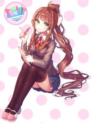 Rule 34 | 1girl, absurdres, black thighhighs, blue skirt, brown hair, chota93, commentary request, doki doki literature club, full body, green eyes, hair ribbon, highres, index finger raised, korean commentary, long hair, looking at viewer, monika (doki doki literature club), notepad, outline, pen, pleated skirt, polka dot, polka dot background, ponytail, ribbon, school uniform, shoes, simple background, sitting, skirt, smile, solo, thighhighs, very long hair, white outline, white ribbon