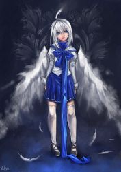 Rule 34 | 1girl, ahoge, arms at sides, black background, blouse, blue eyes, chronicle 2nd, feathers, full body, hair between eyes, highres, miniskirt, rukia (sound horison), shirt, skirt, solo, sound horizon, standing, sukya, thighhighs, white hair, white shirt, white thighhighs, white wings, wings