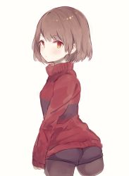 Rule 34 | 1girl, androgynous, ass, bad id, bad pixiv id, blush, breasts, brown hair, chara (undertale), closed mouth, commentary request, heart, jewelry, long sleeves, looking at viewer, necklace, oshiruko (tsume), pantyhose, red eyes, shirt, short hair, shorts, simple background, sleeves past wrists, smile, solo, striped clothes, striped shirt, striped sweater, sweater, undertale, white background
