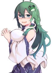 Rule 34 | 1girl, ahoge, bare shoulders, blue skirt, blush, breasts, commentary request, cowboy shot, crying, crying with eyes open, detached sleeves, frog hair ornament, furorina, green eyes, green hair, hair between eyes, hair ornament, hair tubes, highres, kochiya sanae, large breasts, long hair, long sleeves, looking at viewer, nose blush, open mouth, own hands together, shirt, sidelocks, simple background, skirt, smile, snake hair ornament, solo, standing, steepled fingers, tears, touhou, white background, white shirt, wide sleeves, wing collar