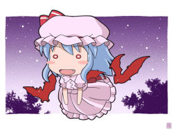 Rule 34 | 1girl, bat (animal), bat wings, blue hair, blush, blush stickers, chibi, dress, fang, female focus, flying, full body, hat, hatomugisan, mob cap, o o, open mouth, outdoors, outside border, pink hat, purple background, red eyes, remilia scarlet, sky, solo, star (sky), star (symbol), starry sky, touhou, tree, vampire, wings