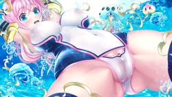Rule 34 | 1girl, aigan tenshi cheery pink, armpits, ass, black one-piece swimsuit, black thighhighs, blue eyes, blush, breasts, cameltoe, caustics, cheery pink, covered clitoris, covered erect nipples, cowboy shot, food, from below, fruit, hair between eyes, hair intakes, highres, jellyfish, large breasts, long hair, looking at viewer, magical girl, nipples, one-piece swimsuit, peach, pink hair, pussy, pussy peek, school swimsuit, see-through, skin tight, solo, spread legs, spread pussy, spread pussy under clothes, swimsuit, teeth, thighhighs, thighs, two-tone swimsuit, underwater, upper teeth only, v-mag, white one-piece swimsuit, wide-eyed